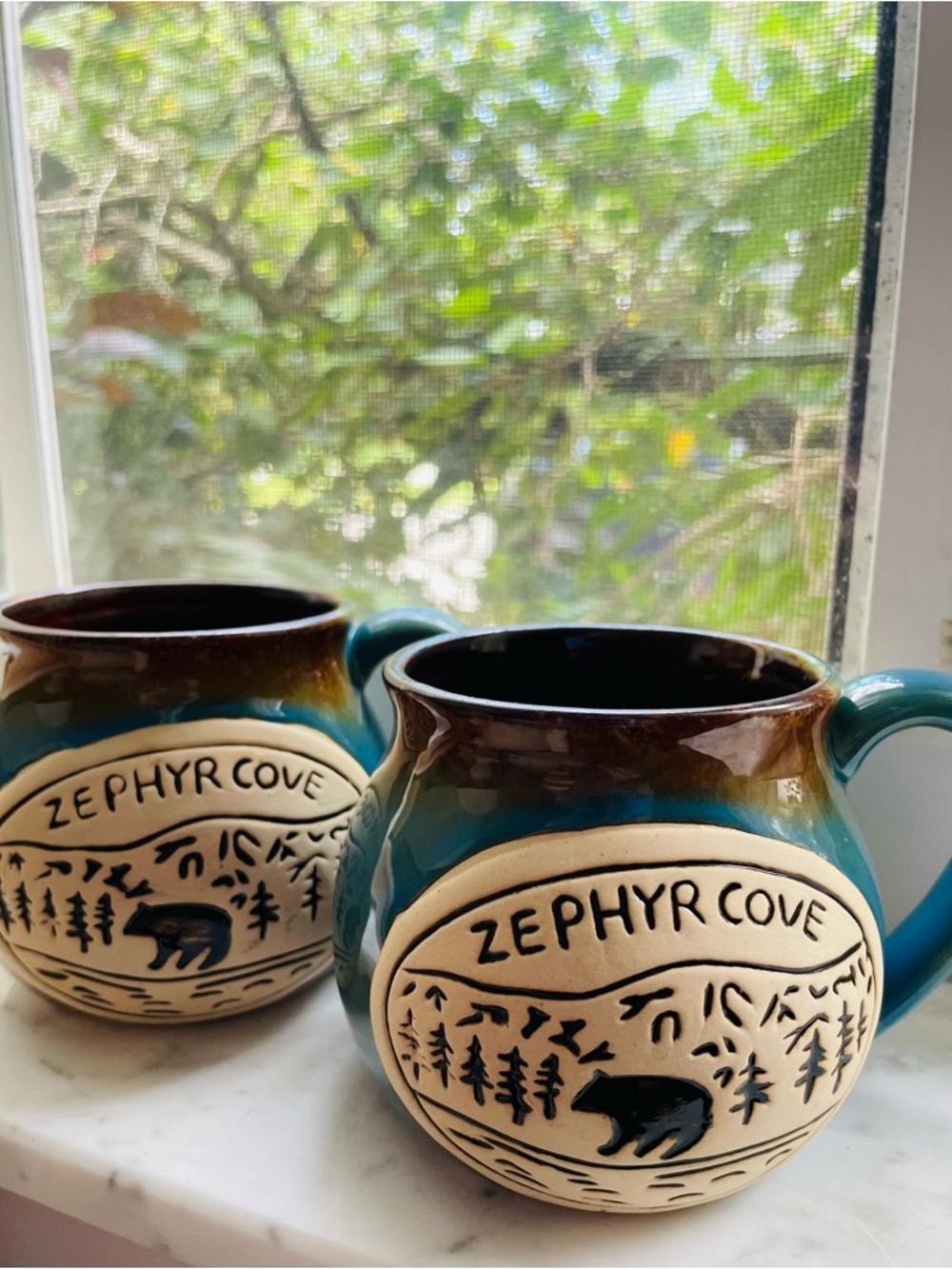 Zephyr Cove-Lake Tahoe-Black bear-Lg pottery Mug-collectible -set of two